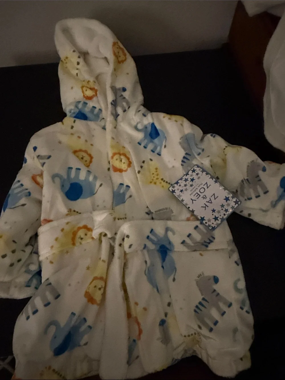 Zack & Cody Baby Hooded Animal Print Bathrobe - White with Blue and Yellow